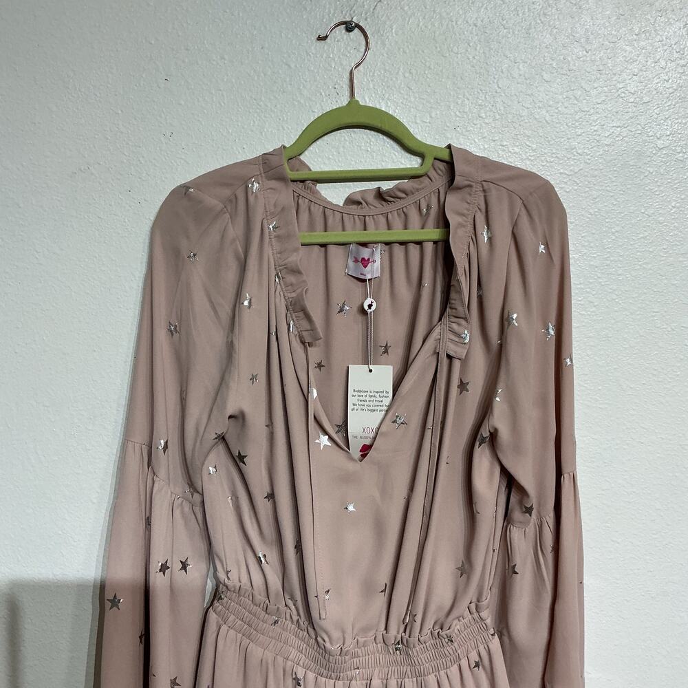 Buddy Love Pink Silver Metallic Star Bell Sleeve Dress Sz S NWT - Picture 3 of 11